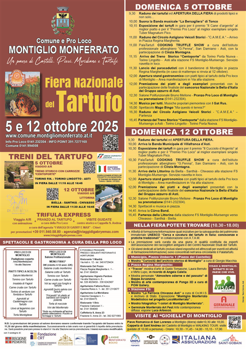 Fiera Nazionale del Tartufo - Montiglio Monferrato - Programma Edizione 5 e 12 ottobre 2025