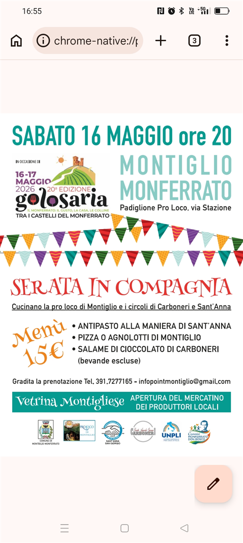 Domenica 17 Maggio 2026
5ª EDIZIONE DI GOLOSARIA
PASSAGGIANDO Per Montiglio Monferrato
Itinerario fra le verdi colline Montigliesi con tappe gastronomiche, da percorrere autonomamente a piedi.
